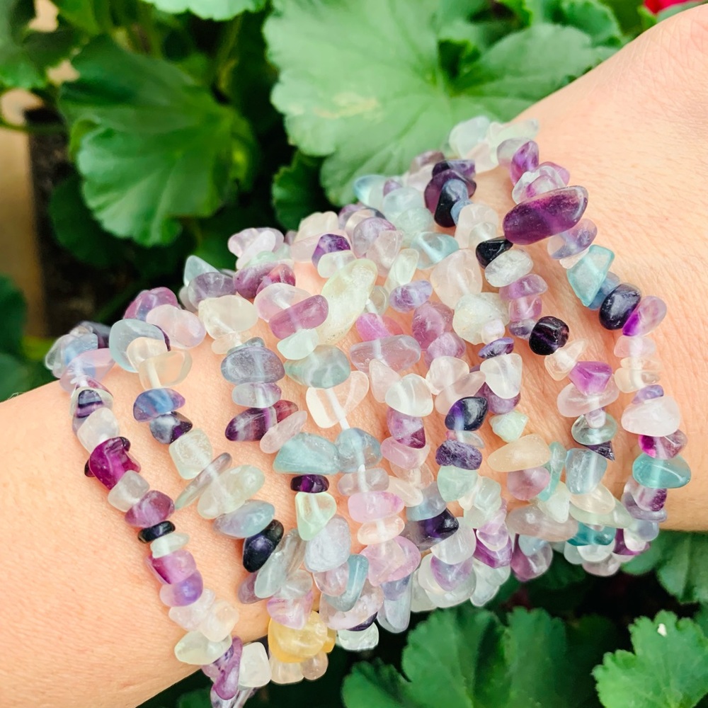 Genuine Rainbow Fluorite Gemstone Chip Bracelet
